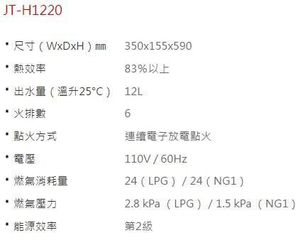 JT-H1220-喜特麗-強制排氣-12L-DC馬達-熱水器-規格