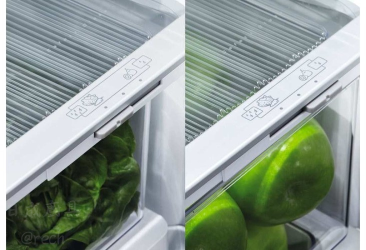 RF170BRPX7 冰箱蔬果室濕度調節滑鈕功能，維持高濕度環境防止食材水分流失細節。