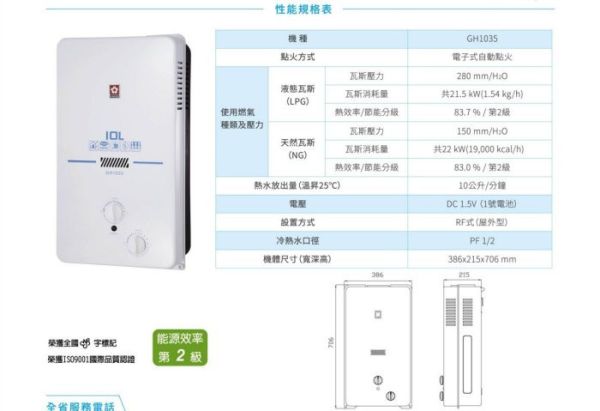 【日成】櫻花10L公寓專用ABS防空燒屋外型熱水器 GH-1035 