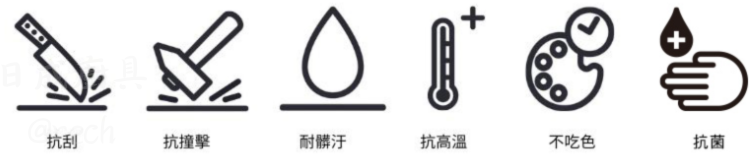FRANKE 花崗岩水槽六大功能圖示:抗刮、抗撞擊、耐髒污、抗高溫、不吃色、抗菌。
