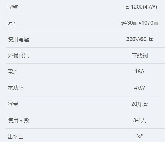 【日成】莊頭北.20加侖.落地型.儲熱式.電熱水器 TE-1200(4kW) 