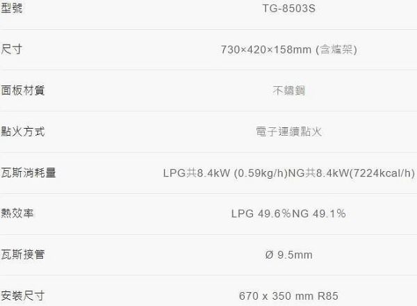 【日成】莊頭北 檯面式瓦斯爐 (TG-8503S) 不銹鋼面板 