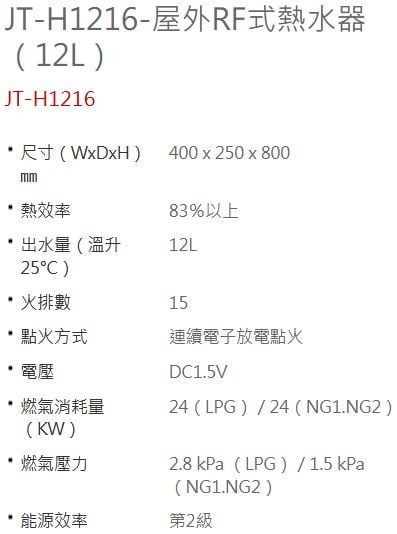 【日成】喜特麗12L屋外RF式.加強抗風.熱水器 JT-H1216 全機三年保固 桃園廚具,日成,日成廚衛,日成廚衛生活館,廚具行,喜特麗,12L,熱水器,甜甜價,享優惠價