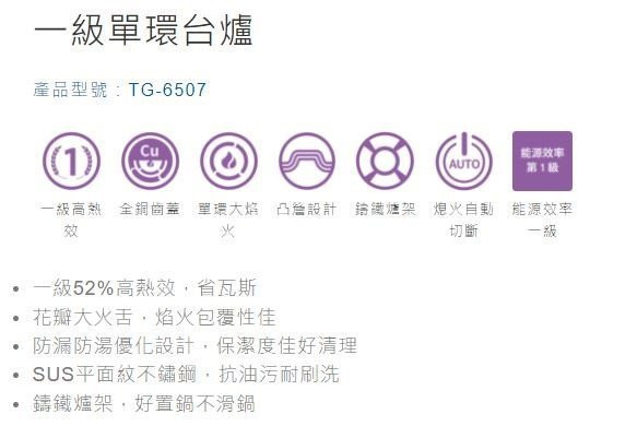 【日成】莊頭北 傳統式瓦斯爐.一級能效 ( TG-6507 ) 