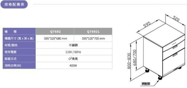 【日成】櫻花牌 Q-7692 60cm落地式烘碗機.不銹鋼雙抽.抗指紋 有68高 