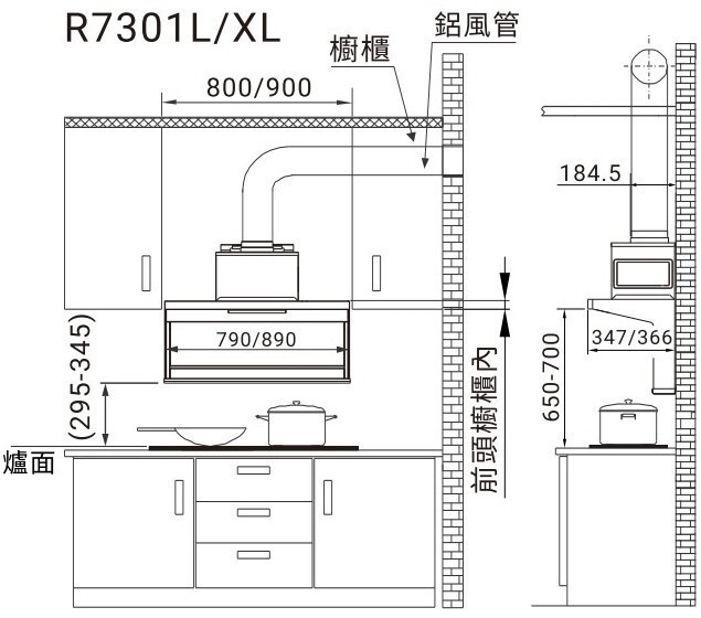 R7301-油煙機-櫻花-全隱藏式-近吸型-烤漆-永久免費送油網-揮手智控-尺寸