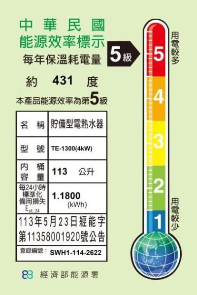 【日成】莊頭北.30加侖 TE-1300(4kW) 落地型.儲熱式.電熱水器 
