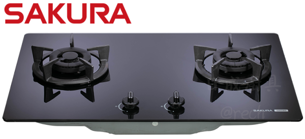 櫻花牌 G2623BGB 二口瓦斯爐外觀，採用黑色強化玻璃面板，大面板設計美觀且易於清潔，適合現代廚房安裝。