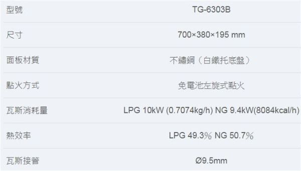 【日成】莊頭北傳統式瓦斯爐 TG-6301B 銅爐頭.2級能效 