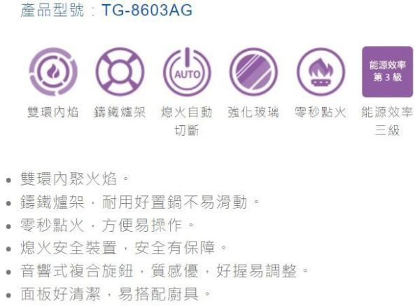 【日成】莊頭北二口檯面爐 玻璃面板 內焰檯面式瓦斯爐 TG-8603AG 