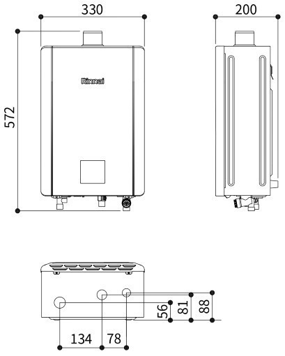 RUA-D1600WF熱水器-林內-16公升-日本技術-台灣製造-數位恆溫-強制排氣-機身更小巧-家庭模式溫度設定-尺寸