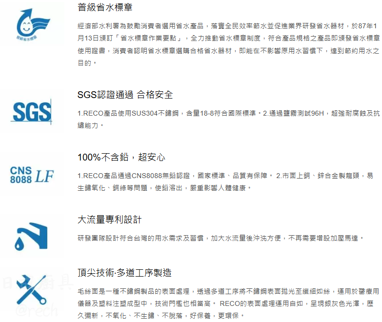 RECO 龍頭 SGS 認證與省水標章,100% 無鉛測試合格,SUS304 不鏽鋼品質,大流量專利設計說明。