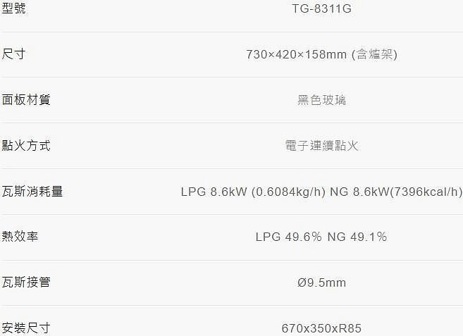 TG-8311G瓦斯爐-莊頭北-檯面爐-檯面式-黑玻面板-安全定時-免顧火-30min自動關火-防漏湯盤-雙環大火力-規格
