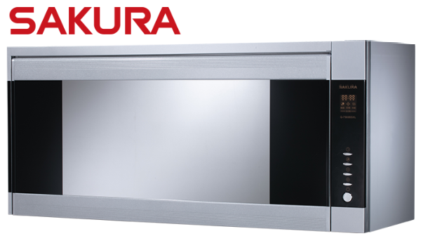 櫻花 SAKURA Q7580BSL/BSXL 懸掛式烘碗機，銀色面板搭配黑玻璃質感設計，紫外線與臭氧雙效殺菌主產品圖。