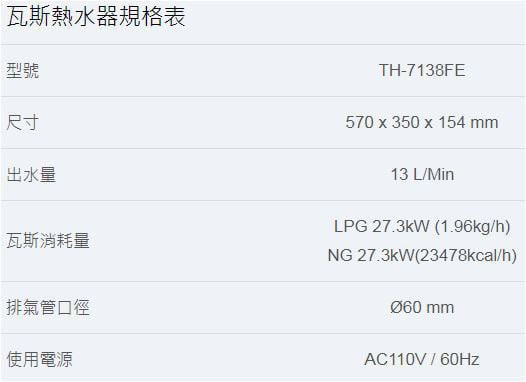 【日成】莊頭北13L強制排氣型熱水器(TH-7138FE) 零件五年保固 