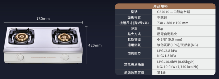 G5201S-瓦斯爐-櫻花牌-傳統式-台爐-一級能效-節能-堅固耐用-規格尺寸