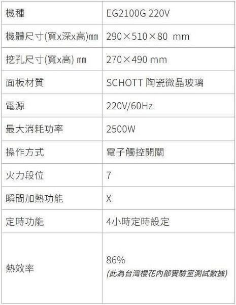 【日成】SAKURA櫻花 220V 單口IH感應爐 EG2100G 