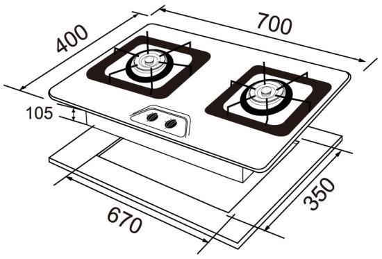 喜特麗 JT-GC202S 瓦斯爐尺寸圖，機身規格與 670x350 挖孔尺寸標示。