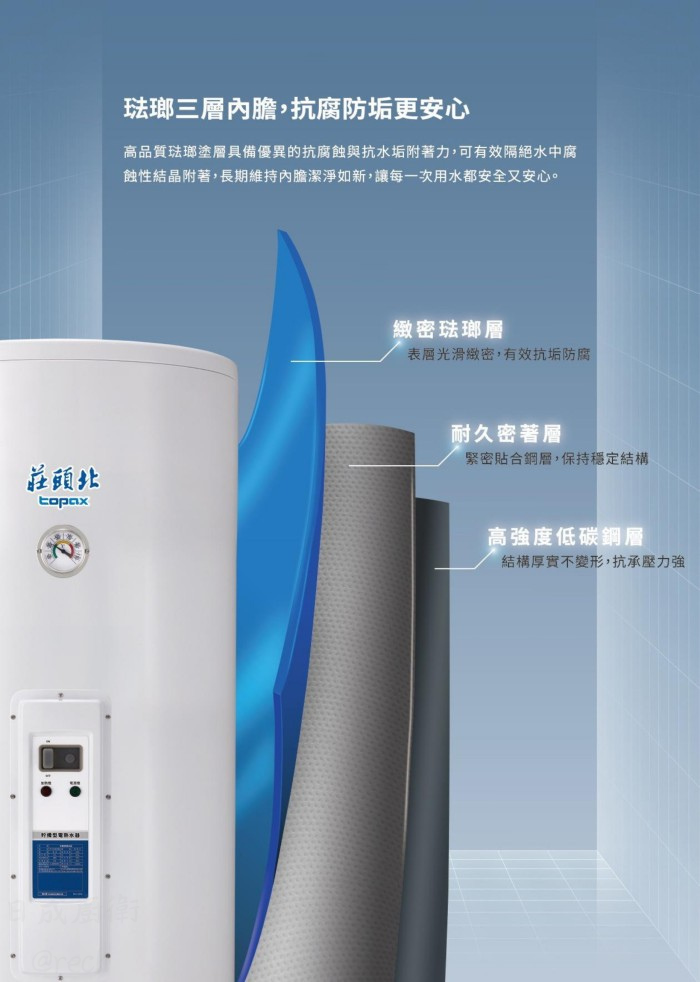 TE-3300電熱水器-莊頭北-30加侖-落地型-儲熱式-安全裝置-採用琺瑯三層內膽-長效鎂極棒主動釋放保護因子-琺瑯三層內膽