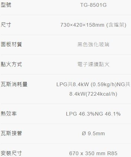 【日成】莊頭北二口檯面爐 黑玻璃面板 檯面式瓦斯爐 TG-8501G 