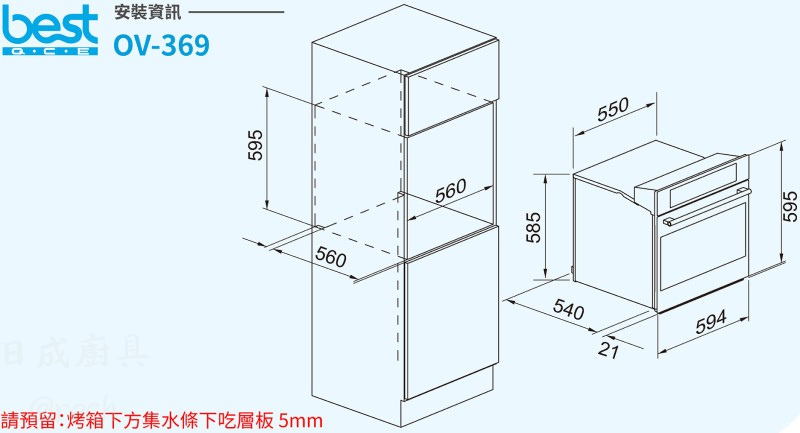 best 烤箱 OV-369 尺寸規格圖 嵌入式安裝尺寸 595mm 挖孔尺寸與散熱預留