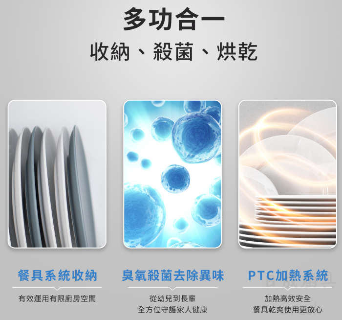 櫻花 Q680 三大核心技術:臭氧殺菌去除異味、PTC 加熱烘乾系統、餐具系統收納。