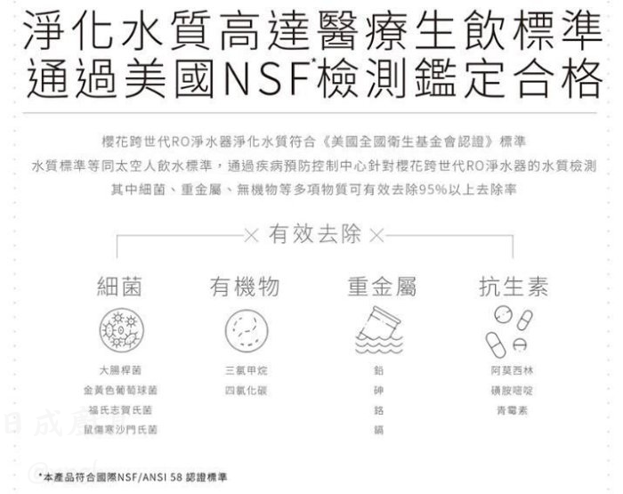 櫻花 P0231 通過美國 NSF 檢測鑑定:符合醫療生飲標準,有效去除細菌與抗生素。