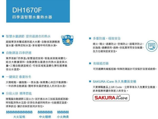 【日成】櫻花牌 16L DH-1670F 四季溫智慧水量 強制排器熱水器 桃園廚具,日成,日成廚衛,日成廚衛生活館,廚具行,廚具,桃園熱水器,櫻花,強制排氣,甜甜價