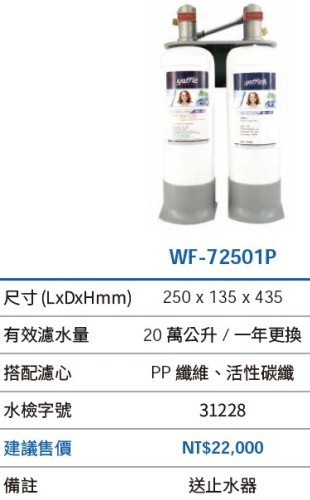 WF-72501P淨水器-雙道-日本-亞爾浦-yaffle-15種物質去除-使用304不銹鋼接頭-304不鏽鋼接頭-抑制細菌-規格