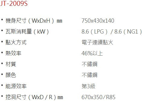 JT-2009S-喜特麗-圓弧-大面板設計-不銹鋼-檯面爐-瓦斯爐-規格