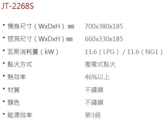 JT-2268S-喜特麗-嵌入式-正三環-全銅爐頭-整台不銹鋼-鑄鐵爐架穩固-瓦斯爐-規格