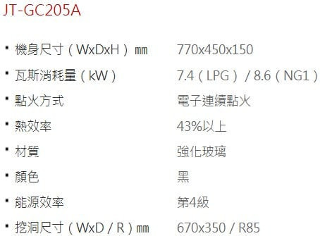【日成】喜特麗二口檯面爐 黑玻面板 JT-GC205A 桃園廚具,日成,日成廚具,日成廚衛,日成廚衛生活館,廚具行,喜特麗,瓦斯爐,甜甜價,優惠
