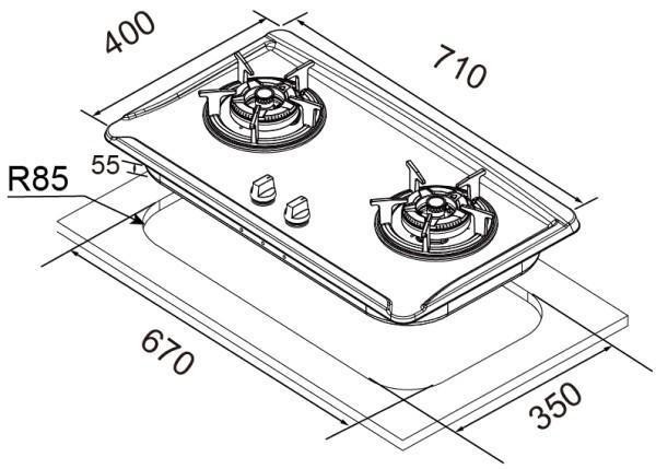 喜特麗 JT-GC229SS 安裝尺寸圖，挖孔尺寸 670x350mm，雙口不銹鋼檯面爐規格說明。