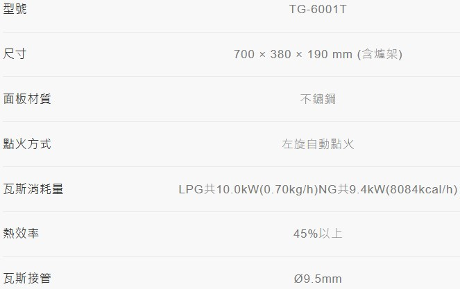 TG-6001T-莊頭北-傳統式-台爐-銅蓋爐頭-熄火自動切斷-節省瓦斯-規格