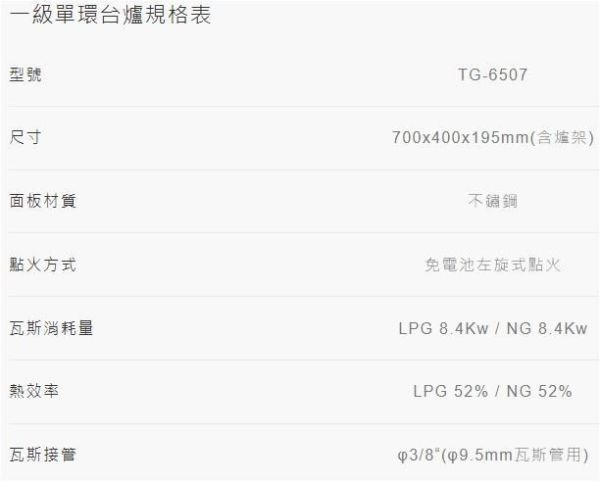 【日成】莊頭北 傳統式瓦斯爐.一級能效 ( TG-6507 ) 