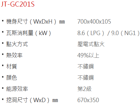 JT-GC201S瓦斯爐-喜特麗-不銹鋼面板-檯面式-台灣製拷克-一體成型超高硬度-爐架定位技術-規格