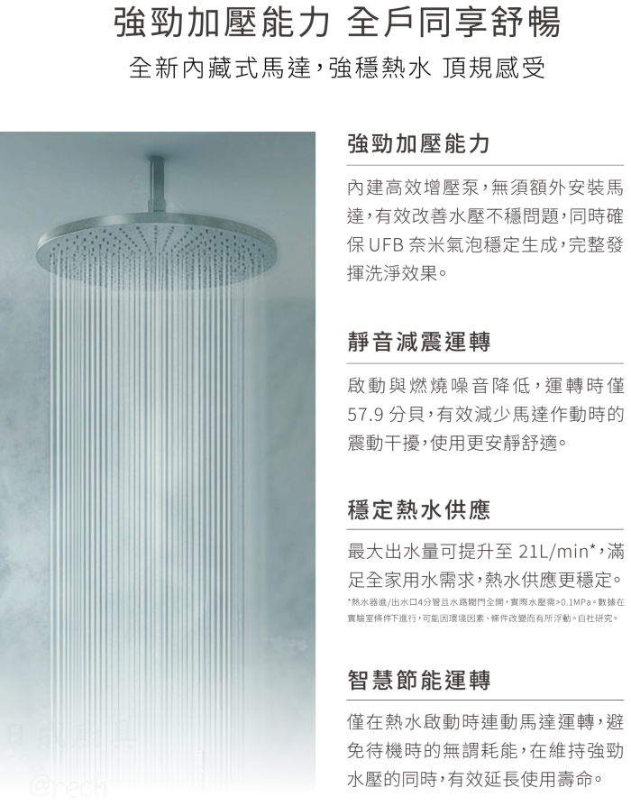 林內RUA-UD1650WF熱水器強勁加壓淋浴示意圖,主打靜音減震運轉與穩定恆溫熱水。