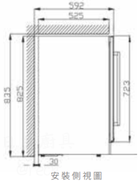 svago JG45B 紅酒櫃詳細安裝尺寸圖：高度 825mm 至 835mm、寬度 592mm，包含散熱空間與門把手深度規劃指南。