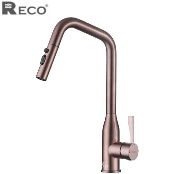 美國 RECO 103257 沐霞金廚房伸縮龍頭，PVD 真空電鍍伸縮式冷熱水龍頭。