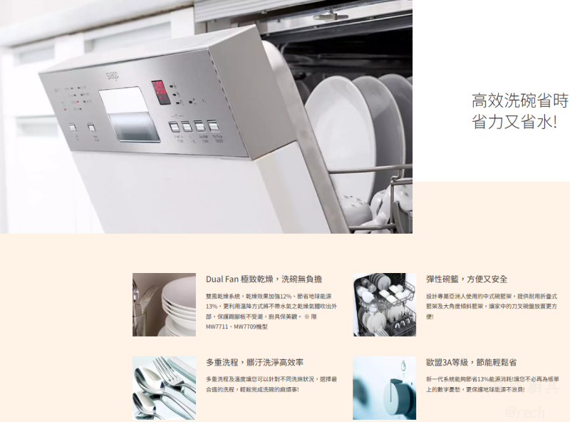 Svago VD8565 洗碗機內部特寫。展示 15 人份大容量碗籃、藍黑雙沖水臂、高效多重沖洗與分層洗淨功能圖示。