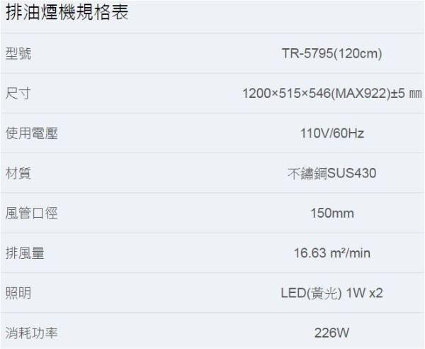 莊頭北 TR-5795 120cm 規格表：1200mm 寬度、SUS430 不鏽鋼與變頻效能數據。