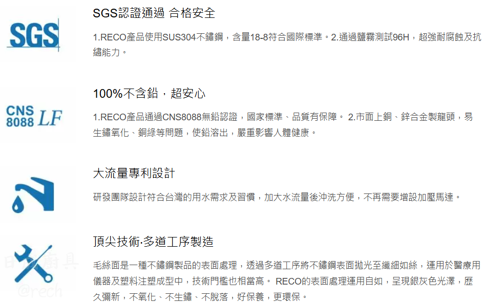 RECO不鏽鋼水龍頭SGS與CNS8088無鉛認證標章，說明SUS304防鏽大流量與拋光特點