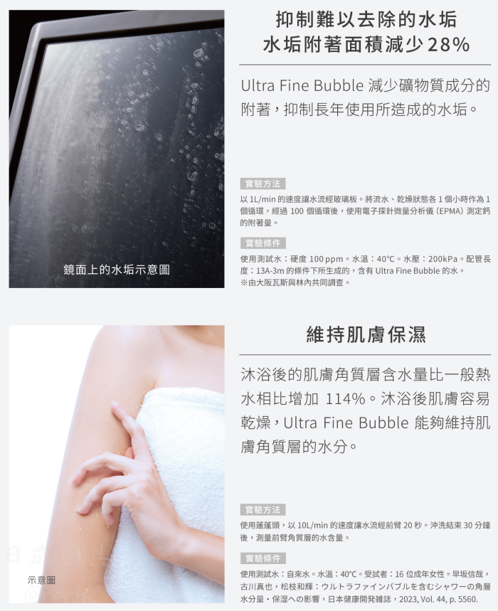 林內RUA-UD1650WF微氣泡熱水器沐浴效果,抑制28%水垢附著並提升肌膚保濕度。