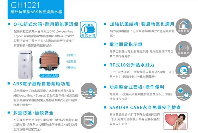櫻花 GH-1021 熱水器功能特點介紹：ABS 電子感應自動阻斷與 OFC 無氧銅水箱安全防護