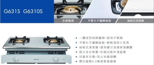 【日成】櫻花牌 嵌入式瓦斯爐 (G6310S) 全銅爐頭 烤漆飾板 
