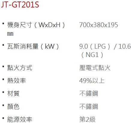 JT-GT201S-喜特麗-全銅爐頭-整台不銹鋼-全尺寸清潔拉盤-台灣拷克-台爐-瓦斯爐-規格