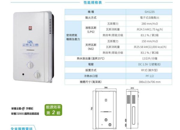 【日成】櫻花牌12L大廈專用ABS防空燒屋外型熱水器 GH-1235 