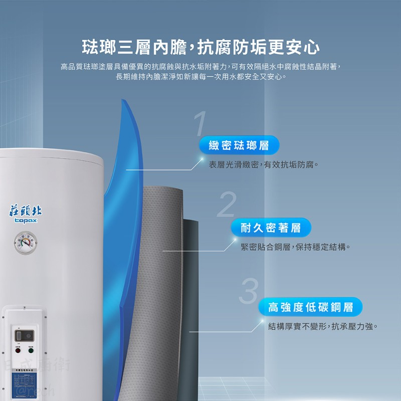 TE-3300電熱水器-莊頭北-30加侖-落地型-儲熱式-安全裝置-採用琺瑯三層內膽-長效鎂極棒主動釋放保護因子-琺瑯三層內膽