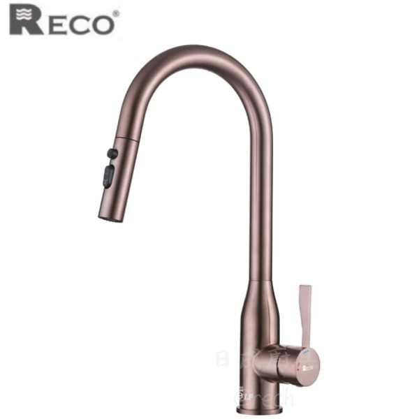RECO 103255 沐霞金廚房伸縮龍頭，PVD 鍍膜耐磨抗氧化，奢華玫瑰金廚房水龍頭。