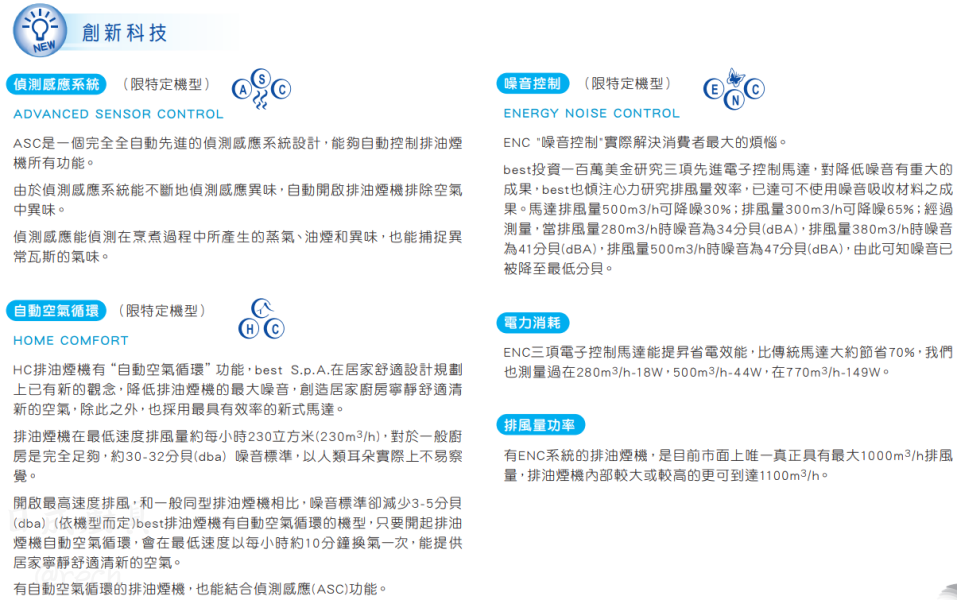 創新 ASC 自動偵測感應系統與 ENC 節能低噪音控制馬達技術。